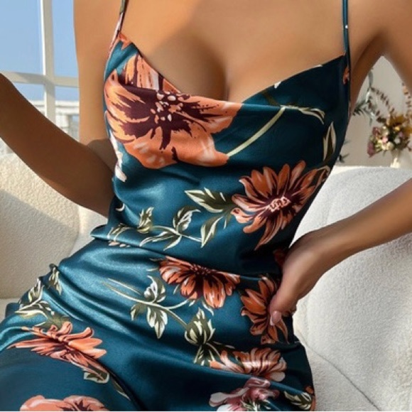 Dresses & Skirts - Silk Floral Turquoise Slip Dress
